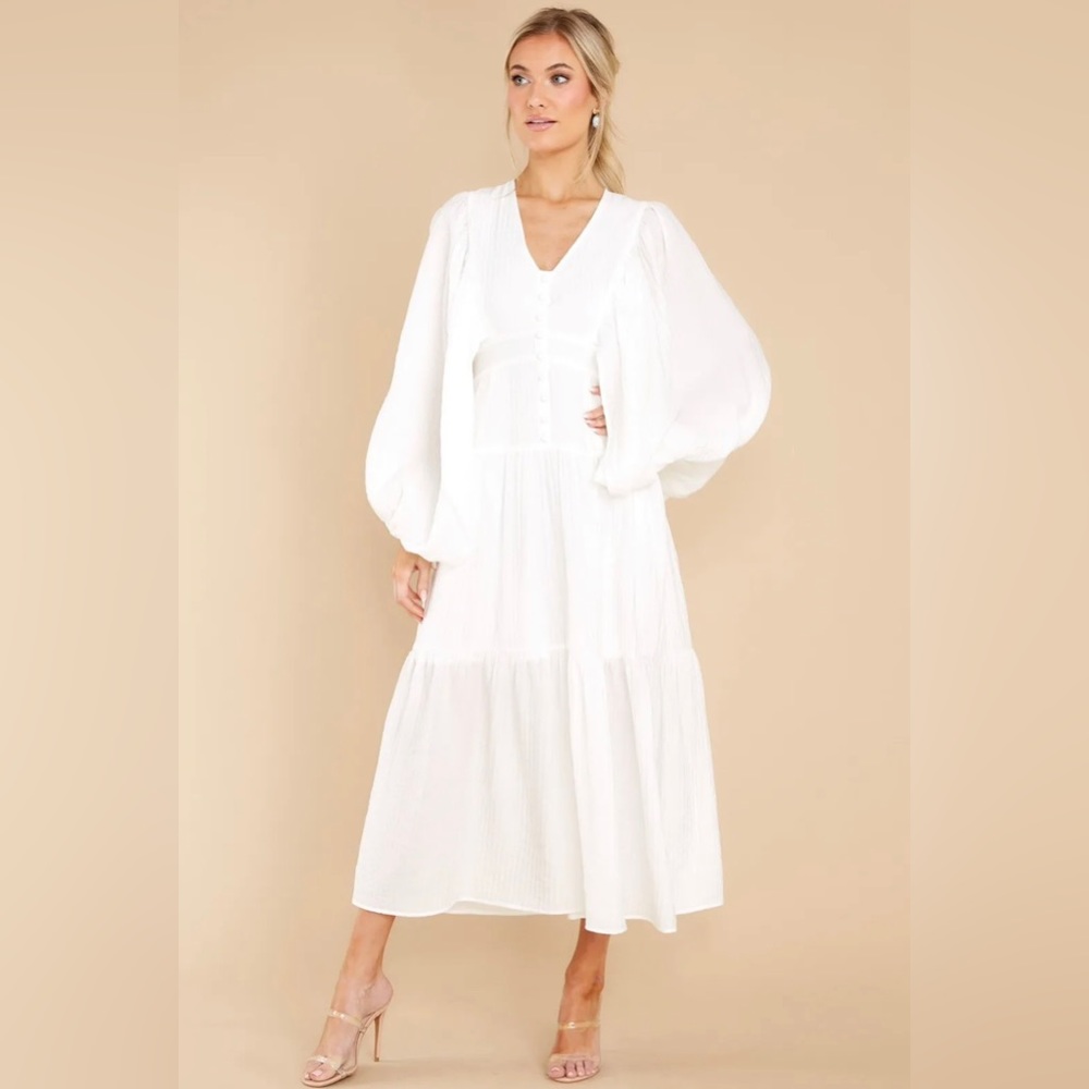 JUST ME WHITE DRESS WITH BISHOP SLEEVES.